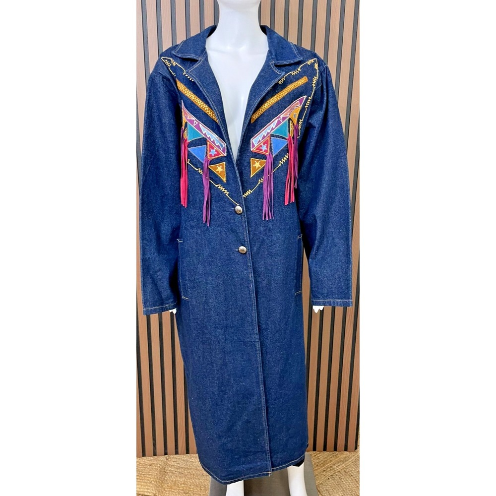 Pioneer Wear Women's 14 Blue Coat‎ Denim Aztec Vintage Fringe Western Jacket USA